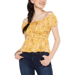 FRESHMAN JUNIORS WOMENS FLORAL PRINT STRAPLESS BLOUSE YELLOW